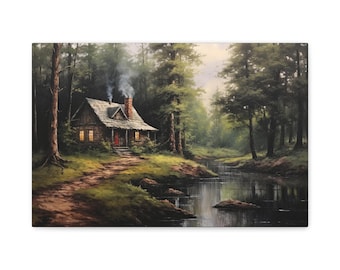 Vintage Painting of Cabin in the Woods Canvas Art "Woodland Retreat"| Nostalgic Countryside Wall Art | Rustic Cabin Artwork| Farmhouse Decor