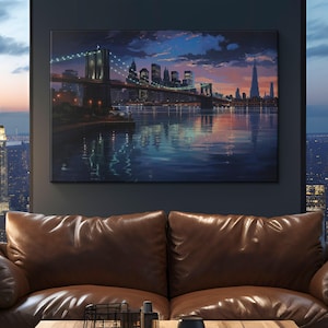 Lofi New York City at Night Painting Canvas Art &quot;Nocturnal Melodies&quot; | NYC Skyscraper Wall Art | Nighttime Seascape Decor | American Gifts