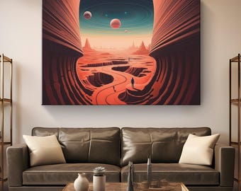 May include: A digital painting of a red canyon landscape with a lone figure standing in the distance. The sky is a deep blue with a ring of planets and stars.
