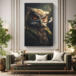 "Kunstdruck auf Keilrahmen ""Eulen""" Eule rauchende Zigarrenkunst | Vintage Eulen-Wand-Dekor | Coole Eulenkunst | Eulen-Liebhaber Geschenk | Wildlife Man Höhlen Dekor
