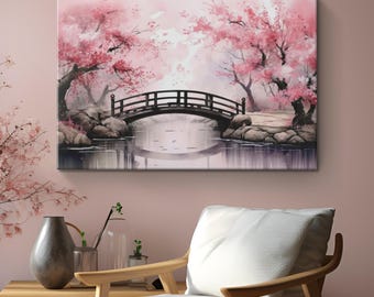 Beautiful Cherry Blossom Japanese Watercolor Painting Canvas Art "Sakura Serenity"| Spring Flower Decor | Pink Floral Wall Art | Bridge Gift