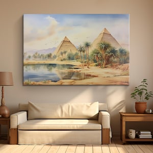 Vintage Watercolor Pyramids of Egypt Painting Canvas Art &quot;Desert Majesty&quot;| Ancient Egyptian Pyramid Wall Art | Giza Pyramid Traveler Gifts