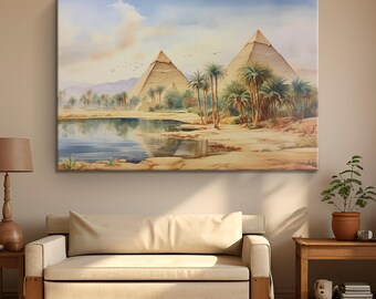 Vintage Watercolor Pyramids of Egypt Painting Canvas Art "Desert Majesty"| Ancient Egyptian Pyramid Wall Art | Giza Pyramid Traveler Gifts