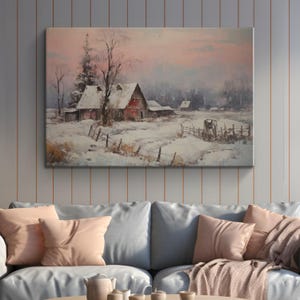 Vintage Abandoned Old Red Barn Winter Painting on Canvas &quot;Winter Remnants&quot;| Nostalgic Rural Landscape Wall Decor | Countryside Wall Art
