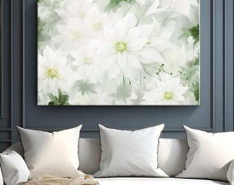 "Weiße Blumen Leinwand ""Elegant White Blossoms"" | Weiss Blumen Kunst | Wall Art - Klematis - Kunstdruck auf Leinwand Weiß Grün Blumen Leinwanddruck
