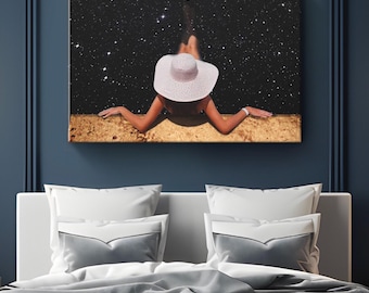 Fantasy Canvas Art "Starry Night Dreams" | Ethereal Wall Art Decor | Starry Night Wall Hanging | Star Gazing Art | Celestial Woman Art Decor