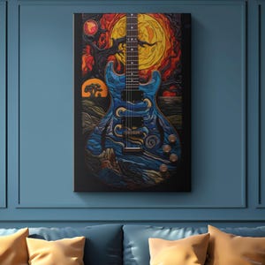 Abstract Electric Guitar Canvas Wall Art &quot;Harmony in Hues&quot; | Music Inspired Canvas Print | Contemporary Guitar Themed Music Room Decor