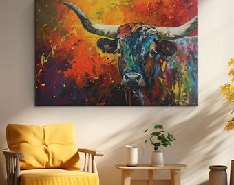 Colorful Longhorn Painting Canvas Art "Vibrant Horns"| Western Cattle Wall Art | Farmhouse Decor | Texas Longhorn Wall Art | Longhorn Gift