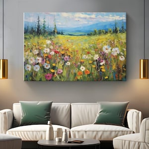 Floral Landscape Art Canvas &quot;Mountain Blooms&quot; | Flowers Painting Art | Wildflowers in Meadow Painting Wall Display | Watercolor Flower Art