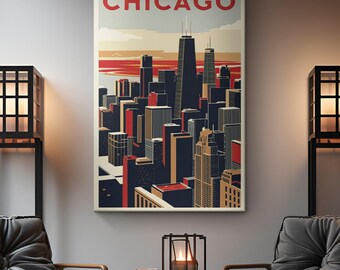 Vector Chicago Skyscraper Vintage Travel Poster Canvas "Skyline Symphony"| Chicago Skyscraper Cityscape Wall Art | Scenic Travel Wall Decor
