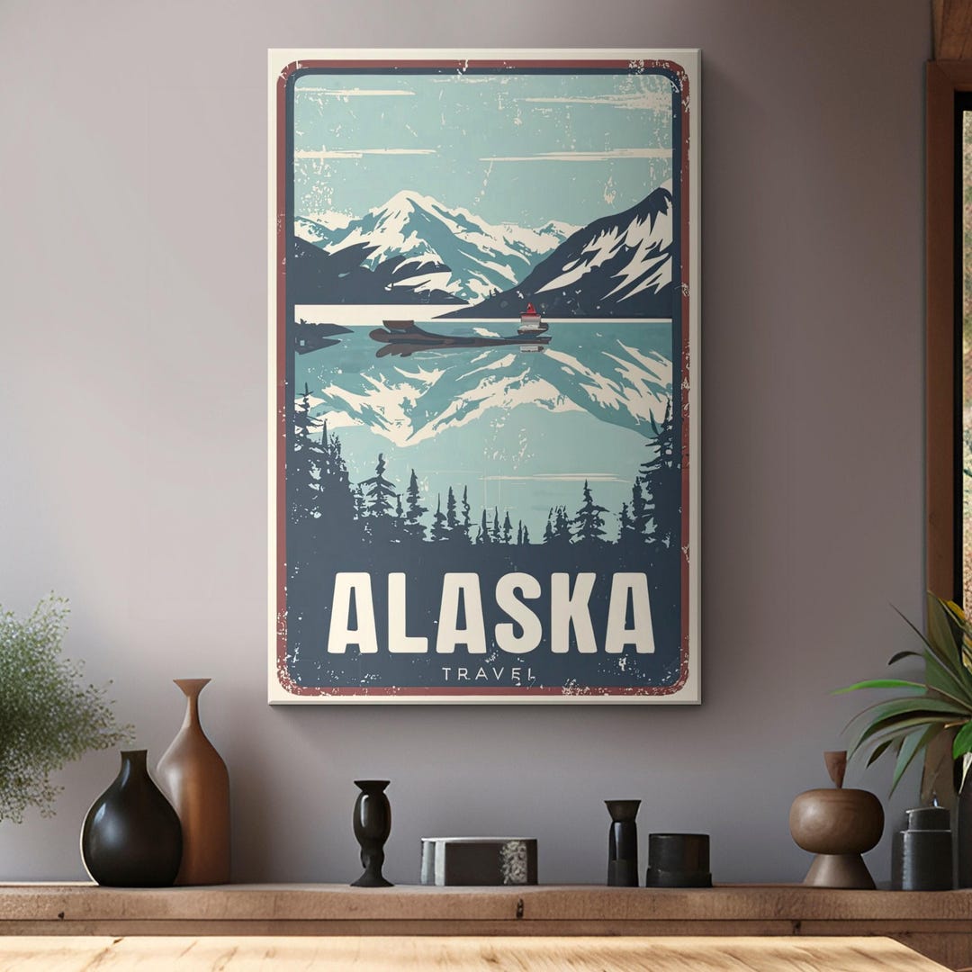Vintage Grunge Alaska Lakes Mountains Travel Poster Canvas "wilderness ...