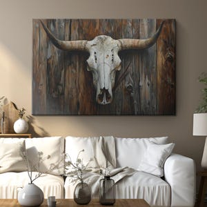 Oeuvre d'art sur toile murale en forme de crâne de Longhorn en bois, « Minimalisme gracieux » | Toile murale Texas Cow Head | Art du crâne occidental | Décoration murale de ferme