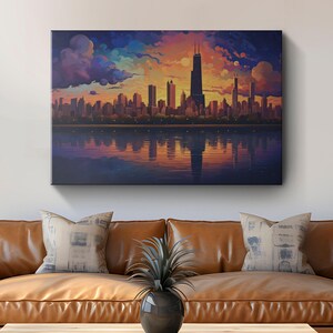 Chicago City Skyline Painting Canvas Wall Art &quot;Chicago Sunset Serenity&quot;| Chicago Print Wall Decor | Large Windy City Urban Painting Canvas