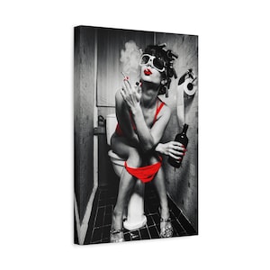 Smoking Woman Bathroom Canvas Art "Reign of Smoke and Spirits" | Black & Red Toilet Wall Decor | Woman Vintage Photo Canvas | Restroom Decor image 5