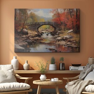 Vintage Covered Bridge Palette Knife Painting Canvas Art &quot;Nostalgic Crossing&quot;| Rustic Farmhouse Wall Art | Countryside Decor | Bridge Gifts