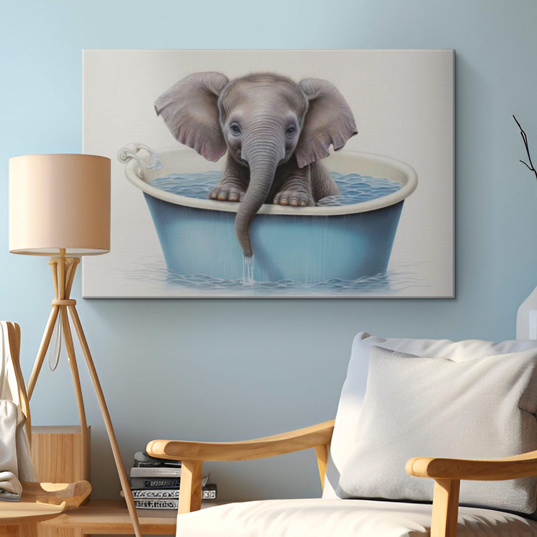 Funny Silly Baby Elephant on Bathtub Canvas Art "playful Pachyderm ...
