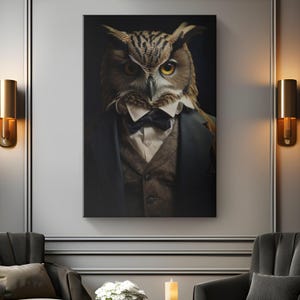 Owl Canvas Art Print &quot;Dapper Owl Elegance&quot;| Well-Dressed Owl Canvas Display| Hallway Wall Hanging| Children&#39;s Room Decor| Animal Wall Art