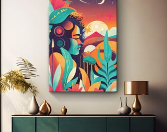 Nature Abstract Canvas Wall Art "Vibrant Gaia" | Retro Woman Canvas | Vintage Botanical Wall Decor | Colorful Abstract Art | Orange Teal Art