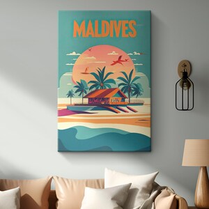 Maldives Beach Travel Poster Canvas Wall Art &quot;Tropical Paradise&quot;| Turquoise Sea Decor | Maldives Tropical Island Artwork | Beach Lover Gift