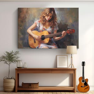 Woman Playing Guitar Art Canvas &quot;Melodic Passion&quot; | Beautiful Woman Painting Art | Vintage Music Wall Art Decor | Music Room Wall Hanging