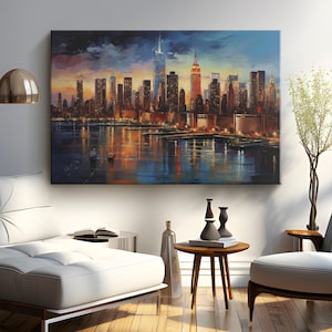 New York City Skyline Canvas Wall Art &quot;New York City Nightscape&quot;| NYC Cityscape Art Wall Decor | Nyc Oil Painting On Canvas | Large Wall Art