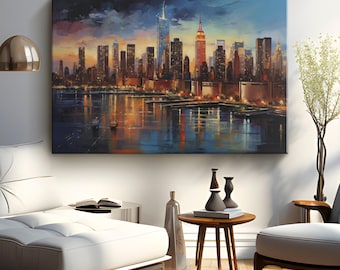 New York City Skyline Canvas Wall Art "New York City Nightscape"| NYC Cityscape Art Wall Decor | Nyc Oil Painting On Canvas | Large Wall Art