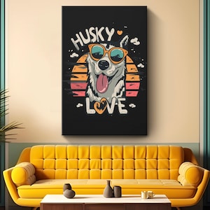 Husky Canvas Art &quot;Husky Love&quot; | Cool Husky Dog Wall Art | Husky Retro Wall Decor | Animal Vintage Home Display | Husky Dog Lover Gift Canvas