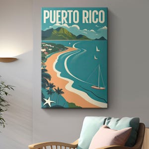 Vintage Puerto Rico Beach Travel Poster Canvas Print &quot;Timeless Puerto Rico&quot;| Blue Coastal Wall Art | Sea Landscape Art | Travel Wall Decor