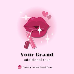 Peut inclure: Des lèvres roses avec un tube de gloss rose sur un fond rose. Le texte "Your Brand" et "additional text" est sous les lèvres. Le texte "Customize your logo through Canva" est en bas de l'image.