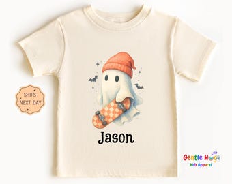 Personalized Halloween Skater Ghost Toddler Shirt, Custom Name Kids Tee, Spooky Fall Outfit, Trick Or Treat Top, Cute October Gift