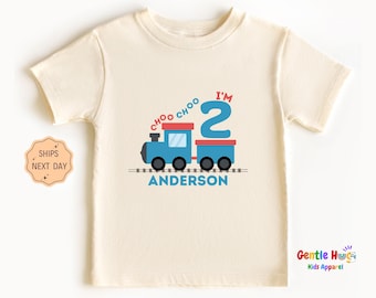 Choo Choo I’m 2 Train Toddler Shirt, Personalized Toddler Tee with Name,  2nd Birthday Gift for Boy, Custom Train Party Shirt