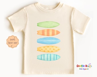 Pastel Surfboard Toddler Shirt, Minimalist Beach Vibes Tee, Natural Vacation Shirt for Boys and Girls, Cute Summer Surf Kids Outfit