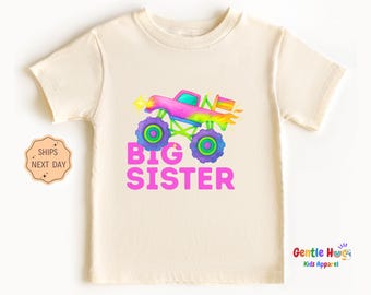 Big Sister Monster Truck Shirt - Cute Girls Toddler Tee - Sibling Announcement Kids Shirt - Baby Shower Gift - Family Matching Shirt