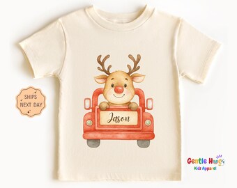 Custom Reindeer Christmas Toddler Shirt, Cute Xmas Kids Tee, Personalized Holiday Reindeer Name Kids Shirt, Toddler Christmas Gift