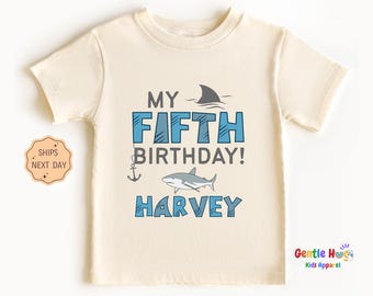 My Fifth Birthday Shark Onesie®, Custom Name 5th Birthday Outfit for Boys, Ocean Theme Party Shirt, Personalized Shark Gift