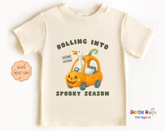 Rolling Into Spooky Season Kids Tee, Funny Goose Halloween Kids Shirt, Cute Pumpkin Car Toddler Shirt, Goose Lover Fall Kids Shirt