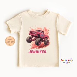 Custom Girls Pink Monster Truck Toddler Tee, Truck Kids Name Shirt, Cute Girls Birthday Party Gift, Personalized Back To School Kids Shirt