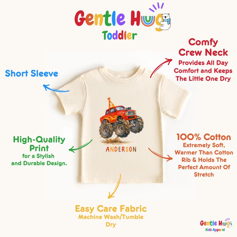 以下が含まれることがあります： クリーム色の幼児用Tシャツ。赤とオレンジ色のモンスターカーのグラフィック。トラックは大きな車輪と誕生日の帽子付き。名前「ANDERSON」が下に印刷されています。半袖、クルーネック。テキスト「Gentle Hug Toddler」。
