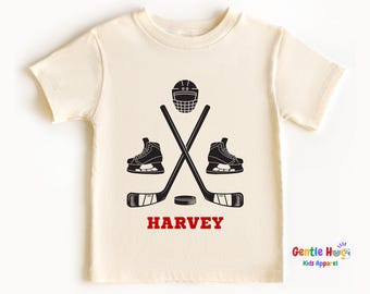 Kids Hockey Player Shirt with Custom Name - Personalized Hockey Gear Toddler T-Shirt - Cute Retro Sports Fan Top for Little Hockey Lovers