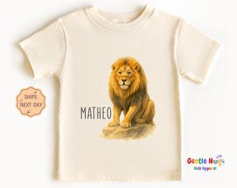 Custom Lion Kids Shirt, Personalized Jungle Animal Name Toddler Shirt, Safari Birthday Boy Gift, Educational Wildlife Kids Shirt
