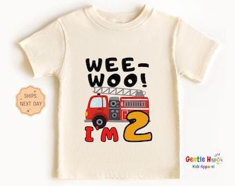Wee Woo I'm Two Fire Truck Birthday Shirt, Cute 2nd Birthday Toddler Tee, Firefighter Party Shirt for Boys or Girls,Funny Birthday Kids Gift