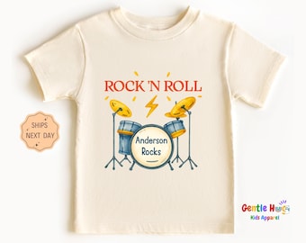 Rock 'N Roll Toddler Shirt, Custom Name Band Tee for Kids, Music Lover Toddler T-Shirt, Personalized Rock Shirt, Cute Drum Gift Tee