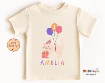 Custom Cat Birthday Girls Toddler Tee, Personalized Kitty Birthday Kids Shirt, Cat Birthday Kids Tee, Cute Kitten Birthday Gift for Kids