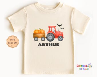 Custom Halloween Tractor Shirt for Boys, Personalized Halloween Toddler Shirt, Custom Name Toddler Tee, Cute Fall Outfit Idea, Funny Gift