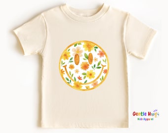 Floral Smiley Face Toddler Shirt, Retro Cute Flower Smile Graphic Tee, Cheerful Kids Outfit