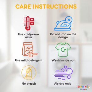 May include: Image with care instructions for clothing. Includes icons and text: Use cold/warm water, Do not iron on the design, Use mild detergent, Wash inside out, No bleach, and Air dry only. The text "CARE INSTRUCTIONS" is at the top.