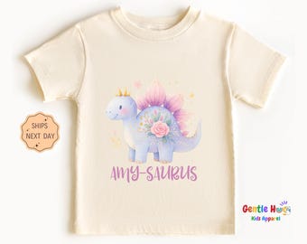 Custom Girls Dinosaur Toddler Shirt, Personalized Name Dino Raglan Tee, Cute Dino Gift for Girls, Funny Kids Dinosaur Shirt with Name