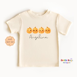 Custom Name Halloween Toddler Shirt - Personalized Pumpkin Ghost Kids Tee - Retro Spooky Cute Toddler Shirt for Boys & Girls - Natural Shirt