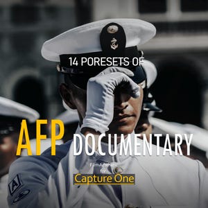 Puede incluir: Una persona con uniforme y sombrero blancos, con el texto "14 PORESETS OF AFP DOCUMENTARY" en amarillo y blanco. También es visible el texto "Film Aesthetic for Capture One".