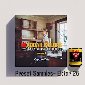May include: A bundle of 120 Kodak Colors simulation presets for Capture One, Volume 1, with a film aesthetic. Includes a Kodak Ektar 25 35mm film canister. The image features a kitchen scene with a person.